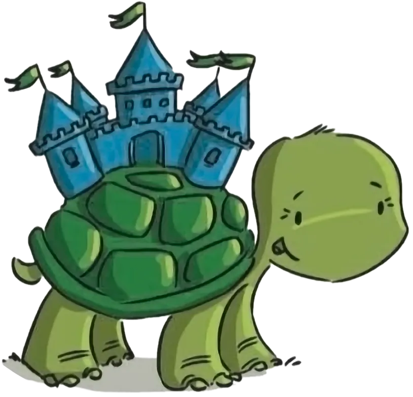 une tortue avec un château sur sa carapace.